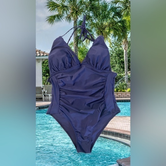 Blue Ruched one piece swimsuit size large womans - Picture 1 of 5